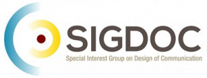 SIGDOC logo. A half blue circle with a half yellow circle reversed both centered around a red dot. Accompanying text: SIGDOC Special Interest Group on Design of Communication